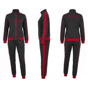 Ensemble de survêtement 2 pièces rouge pour femme, veste zippée à col montant, pantalon à rayures colorées, tenue de sport athlétique - Product Image 6