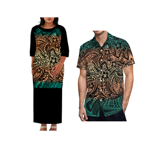 Conjunto a juego Puletasi Samoano de talla grande personalizado: Vestido largo para mujer y camisa de manga corta para hombre con estampado floral, ropa casual de verano - Product Image 6