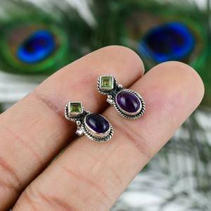 Natural <b>Amethyst</b> And Peridot Gemstone <b>Stud</b> <b>Earrings</b> 925 Sterling Silver Pear Shape Trendy Women's Jewelry for Wedding Party - Product Image 1