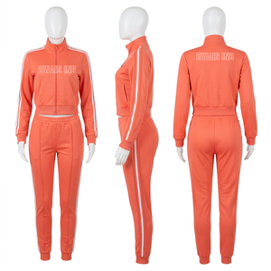 Ensemble de survêtement gris 2 pièces pour femmes, col montant, fermeture éclair, manches longues, imprimé lettres, pantalon rayé, vêtements de sport et de loisirs - Product Image 6