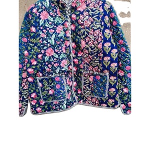 Chaqueta acolchada azul multicolor Floral hecha a mano, abrigos, nuevo estilo, chaqueta acolchada de algodón, ropa de mujer, Kimono abierto frontal, tubería a rayas - Product Image 6