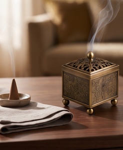 Handmade Metal <b>Incense</b> <b>Cone</b> Holder Square Box Burner Embossed Floral Panels Openwork Lid Stand - Product Image 1