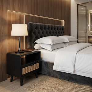 Mueble de Dormitorio, Mesita de Noche de Madera de Teca Premium, Estilo Moderno de Mediados de Siglo, Calidad de Exportación, Nero Woven, 1 Cajón, Acabado Negro - Product Image 3