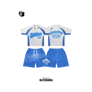 ชุดเข้าชุดสีขาวน้ำเงิน White Blue Motion Club |   เสื้อโปโลโอเวอร์ไซส์และกางเกงขาสั้น |   ชุดสตรีทแวร์ Dream Until Reality รับผลิตแบบ OEM และรับผลิตภายใต้แบรนด์ของคุณ - Product Image 1