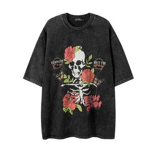 เสื้อยืดลายหัวกะโหลกแบบใหม่ สไตล์วินเทจ ล้างสี สำหรับผู้ชายและผู้หญิง ผ้าฝ้าย 100% แฟชั่นสตรีทแวร์ แขนสั้น - Product Image 3