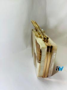 Vintage Solid Wood <b>White</b> Resin Storage <b>Bag</b> <b>Clutch</b> <b>Bag</b> with Gold Metal Handles Custom Chic Purse Wedding Party Evening Fashion - Product Image 3