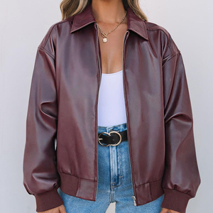Blazer en cuir véritable pour femme, couleur unie, col boutonné, séchage rapide, manches longues, coupe courte, vêtement d'hiver, doublure en laine à motif 3D - Product Image 3