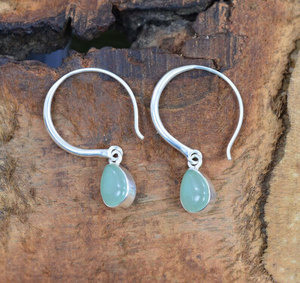 <b>Handmade</b> Silver Aqua Chalcedony Teardrop Hoop <b>Earrings</b> Minimalist Gemstone Boho Jewelry Women - Product Image 2