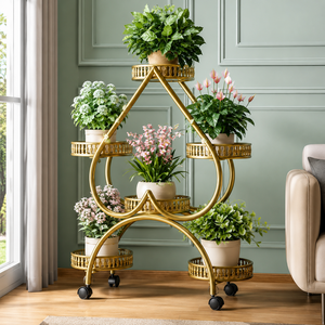 Soporte para Plantas en Forma de Lágrima de Metal Dorado con Ruedas, Estante de Exhibición de Macetas de Varios Niveles para Jardín Interior, Decoración del Hogar y Patio - Product Image 4