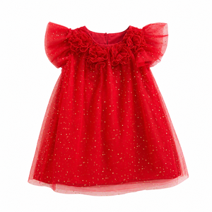 Vestido de fiesta de tul con purpurina para niñas pequeñas con cuello con volantes florales |   Vestido de Princesa para Cumpleaños - Product Image 1