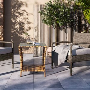 Tavolino Moderno con Gradiente Giallo, Struttura in Ferro e Rattan, Superficie in Vetro per Soggiorno, Hotel o Appartamento - Product Image 6