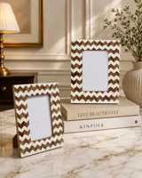 Cadre photo en bois fait main avec incrustation d'os, motif chevron, support photo rectangulaire, décoration de table