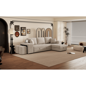 104.5 Modern L-Shaped 3-Seater Reversible Sectional Couch Pull-Out <b>Sleeper</b> <b>Sofa</b> with Storage Chaise 2 Stools for Living Room - Product Image 1