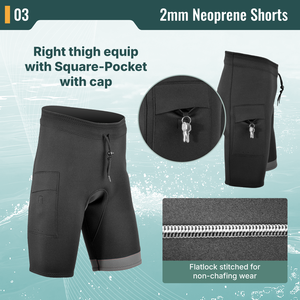 Pantalones cortos de neopreno Aropec de 2 mm con cintura baja delantera y alta trasera, bolsillos tipo cargo, costuras planas para surf y buceo OEM/ODM - Product Image 4