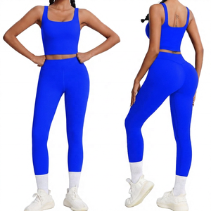 Ensemble de yoga sans couture pour femmes, leggings taille haute, haut court, vêtements de sport, bleu noir - Product Image 5
