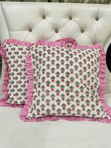 Funda de Cojín con Volantes Florales Rosas, Funda de Almohada de Algodón con Estampado de Bloques, Funda Decorativa para Cojín de Sofá o Cama - Product Image 4