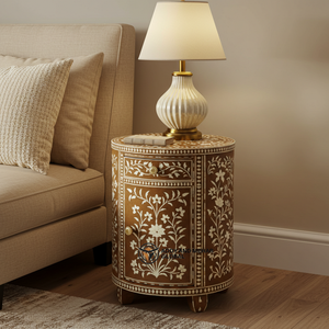 Luxury Modern Floral Bone Inlay <b>Bedside</b> <b>Table</b> Handcrafted <b>Round</b> Wood Nightstand with 2 Drawers - Product Image 1