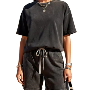 Vintage Washed Short Sleeve Shorts Set Women's Distressed Two-Piece Outfit Regular Fit Summer for Wear Retro 100% Cotton - Product Image 1