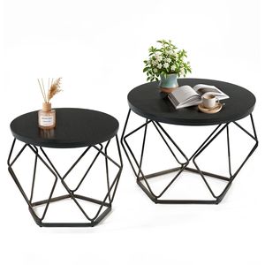 Modern <b>Nesting</b> <b>Coffee</b> <b>Table</b> <b>Set</b> of 2 Small Round Side <b>Tables</b> for Living Room or Bedroom Black Steel and MDF Accent End <b>Tables</b> - Product Image 1