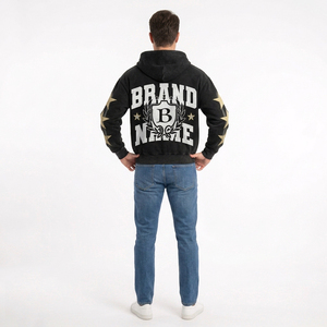 Sweat à capuche zippé oversize pour homme, noir, style streetwear, en polyester tricoté, avec imprimé étoile et logo sur le devant. - Product Image 6