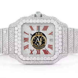 Montre bracelet en acier inoxydable avec cadran rouge, chiffres romains, moissanite, affichage de la date, style bijoux de luxe - Product Image 1