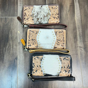 Bolsos de mano RFID largos con herramientas florales para mujer de fábrica, carteras de piel de vaca genuina con muñequera a la moda para mujer - Product Image 4