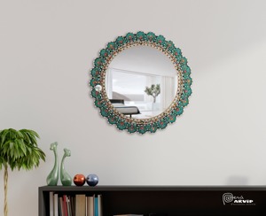 Hand-Painted Turquoise & Floral Scalloped Crystal Glass <b>Round</b> <b>Wall</b> <b>Mirror</b> 5mm Thick REHMAN CRAFT - Product Image 5