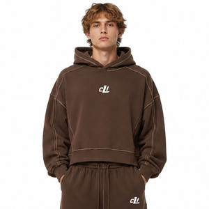 Ensembles de sweats à capuche courts et amples personnalisés, à épaules tombantes, avec coutures apparentes, et de joggers à jambes larges en coton épais, fabrication OEM - Product Image 2
