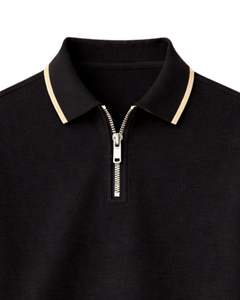 Polo à col zippé noir personnalisé pour homme, manches courtes, col contrastant, vêtements de golf décontractés, mélange de coton, fabricant sur mesure - Product Image 4