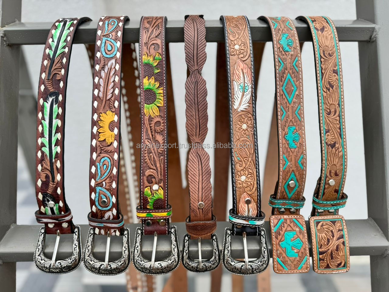 Handcrafted Leather Cowhide Belt Western Style Rhinestones Floral Buckle Design Western Rhinestone Buckle Genuine Full Grain Floral Engraved  main image 4