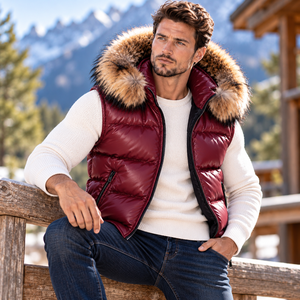 Chaleco de Piel para Hombre, Transpirable, con Capucha de Piel, Talla Grande |   Chaleco Acolchado de Cuero con Capucha de Piel de Zorro para Otoño - Product Image 4