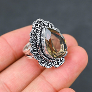 Bague en argent sterling 925 avec quartz fumé synthétique et pierre en forme de poire, faite à la main, ornée de turquoise, bijoux de mariage – Nouveauté très prisée - Product Image 4