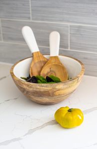 Ensemble de 3 bols et ustensiles en bois - 9,5 pouces en bois véritable avec intérieur émaillé blanc, saladier, porte-fruits et bonbons, récipient à sauce, décoratif - Product Image 2