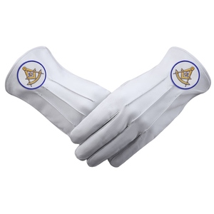 Guantes Past Master de Cuero Blanco Genuino con Logotipo Personalizado, Símbolo Dorado y Bordado con Borde Azul, Venta al por Mayor de Artículos Masónicos - Product Image 1