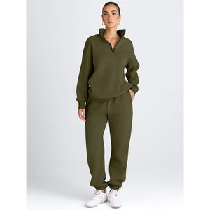 Conjunto deportivo de dos piezas para mujer, color verde oliva, sudadera con cremallera corta y pantalones jogger, ropa deportiva informal de lana para invierno, para el gimnasio. - Product Image 4