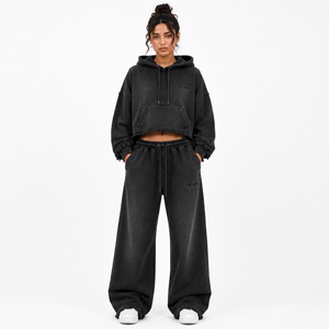 ONE APEX Ensemble de survêtement pour femme, comprenant un sweat à capuche court délavé et déchiré et un pantalon à jambes larges, en molleton bouclette lourd 100% coton, Noir anthracite, Haute qualité - Product Image 4