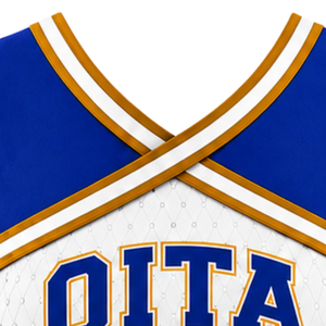 Haut court de cheerleading sans manches pour femme, bleu roi et or blanc, col en V, pour performance athlétique, uniforme d'équipe de cheerleading, compétition - Product Image 5