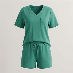 2 Piece High Quality Formal Solid Above Knee Home Wear Suit Short Sleeve T Shirt and Shorts <b>Twin</b> <b>Set</b> for Women - Product Image 1