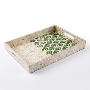 Luxury Mother of Pearl Inlay Tray Rectangle Green Botanical Leaf <b>Mosaic</b> Serving Tray with Cutout Handles for Hotel Restaurant - Product Image 1