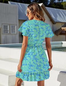 Vestidos cruzados de verano para mujer, cuello en V, estampado de lunares, volantes, manga corta, mini vestido floral bohemio con cinturón - Product Image 2