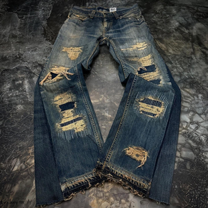 Jeans de Mezclilla Rectos de Primera Calidad, Algodón y Spandex Transpirables, Desgastados, con Logotipo Personalizado para Hombre, Color Lavado - Product Image 1