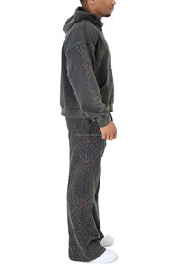 Ensemble de survêtement de jogging streetwear d'hiver de haute qualité pour homme, uni, délavé à l'acide, avec pantalon évasé en molleton 100% coton respirant - Product Image 5