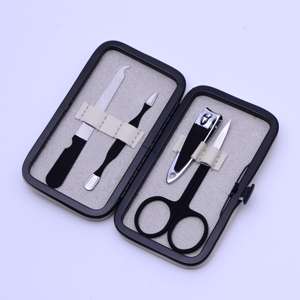 Kit de manucure professionnel en acier inoxydable noir, ensemble de 4 outils de soin des ongles, kit de coupe-ongles 16-en-1, étui en cuir blanc - Product Image 1