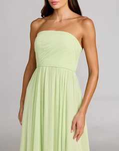 Elegante Vestido de Noche Largo hasta el Suelo, sin Tirantes, Color Verde Salvia, con Patrón Geométrico, Cintura Imperio, de Satén, con Sujetador Incorporado, Ecológico - Product Image 1