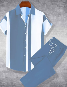 Conjunto de Camisa de Manga Corta con Bloques de Color para Hombre, Pantalones a Rayas Blancos y Azules, Traje de Dos Piezas Informal de Verano - Product Image 4