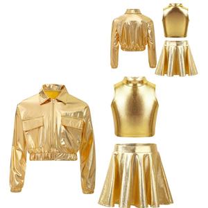 Conjunto de 3 piezas para niñas de 6 a 16 años: Chaqueta metálica, top corto de cuello alto y falda acampanada para venta al por mayor, ideal para baile de salón. - Product Image 3