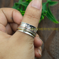 Bague tournante martelée faite à la main en métaux mixtes (argent 925, cuivre, laiton), large, style bohème, pour la méditation et anti-anxiété, bijou