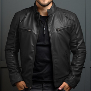 Cross-Border <b>Mens</b> Autumn Leather Varsity Jacket New Fashion Plus Size Hooded High Street Front Horizontal Zipper Solid Stand - Product Image 2
