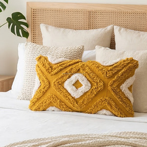 Ethnic Tribal Tufted Cushion Cover 12x20 Yellow White Diamond Pattern Textured <b>Pillow</b> Case <b>Sofa</b> Decor Accent Tufted Pillowslip - Product Image 3