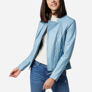 Chaqueta de Moto de Cuero PU Azul Claro para Mujer, Cuello Redondo, Cierre de Cremallera, Manga Larga, Corte Regular, Estilo Otoñal - Product Image 3
